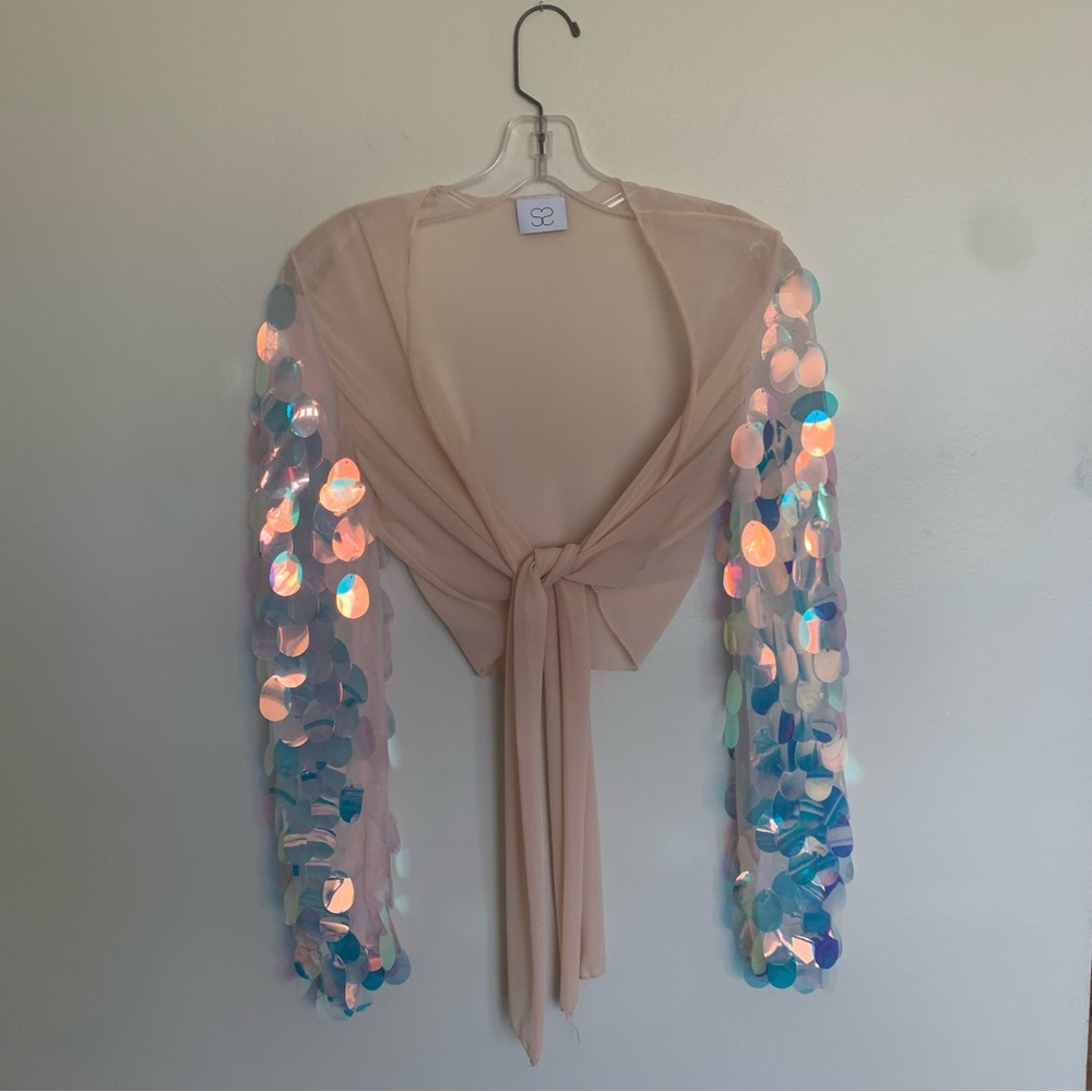 Festival tie top Mesh baby pink peach mermaid sequin sleeves